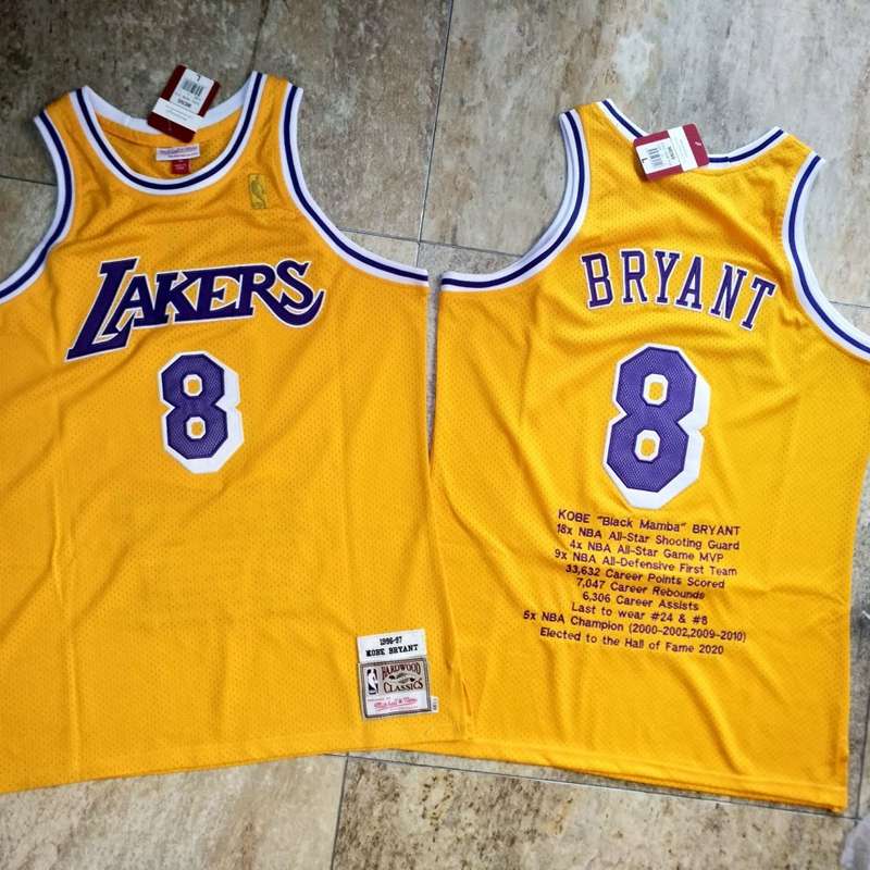 1996/97 Los Angeles Lakers BRYANT #8 Yellow Classics Basketball Jersey 02 (Closely Stitched)