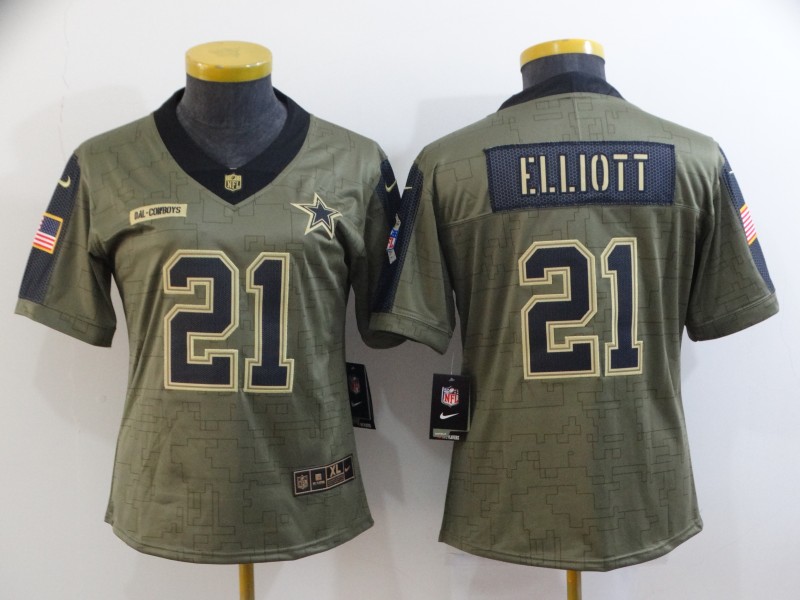 Dallas Cowboys ELLIOTT #21 Olive Salute To Service Women NFL Jersey 06