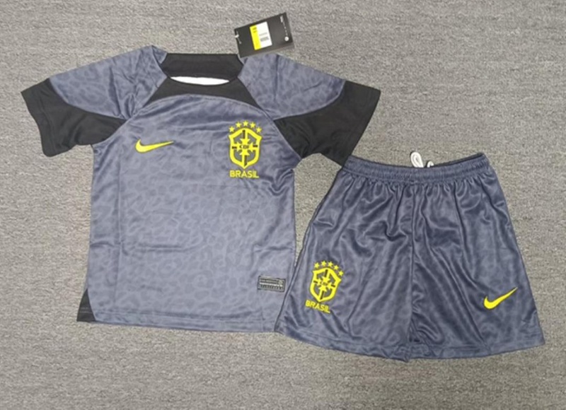 2022 World Cup Brazil Goalkeeper Grey Kids Soccer Jersey And Shorts