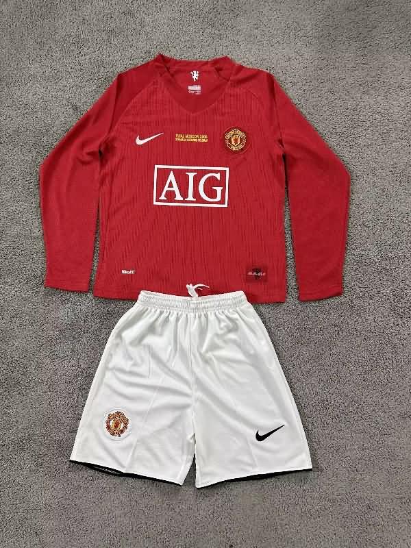 2007/08 Manchester United Home Final L/S Kids Soccer Jersey And Shorts