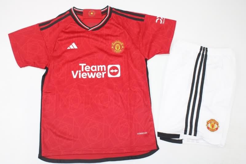 23/24 Manchester United Home Kids Soccer Jersey And Shorts