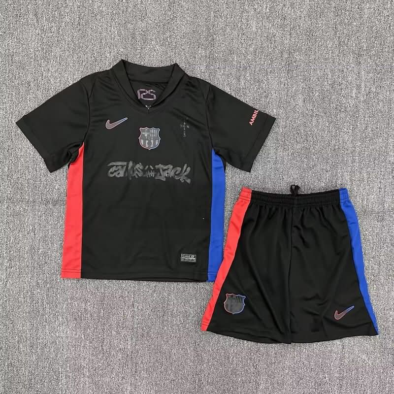 24/25 Barcelona Away Kids Soccer Jersey And Shorts Sponsor 03