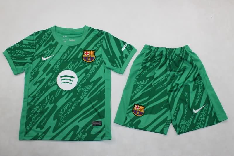 24/25 Barcelona Goalkeeper Green Kids Soccer Jersey And Shorts Sponsor