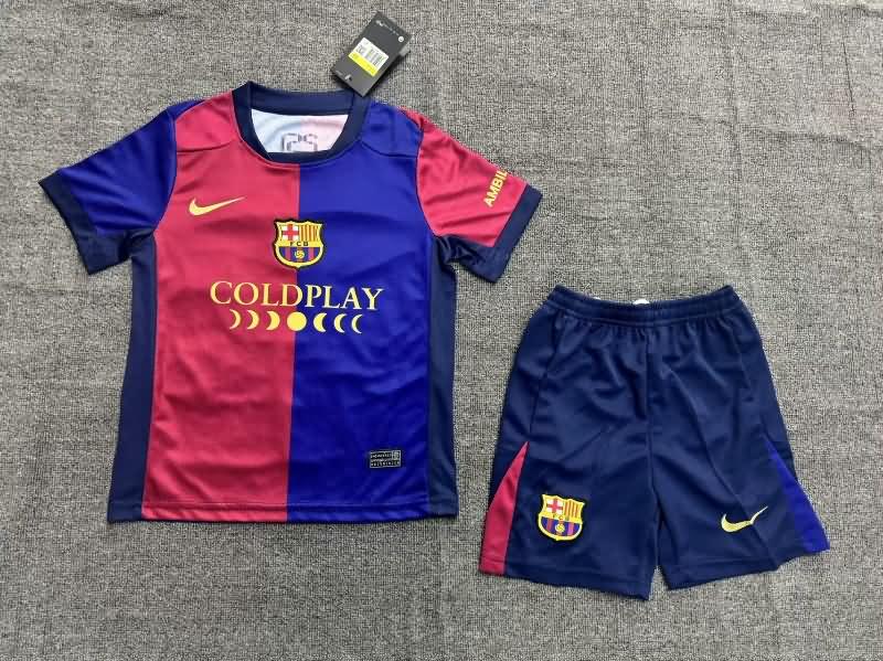 24/25 Barcelona Home Kids Soccer Jersey And Shorts Sponsor 02