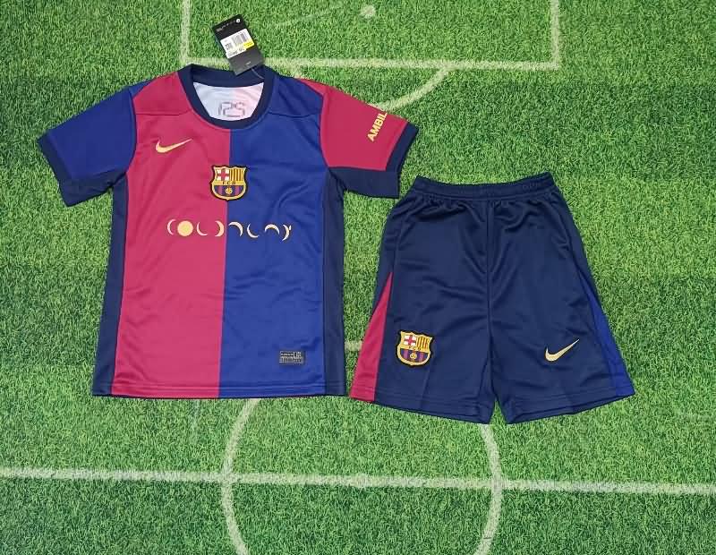 24/25 Barcelona Home Kids Soccer Jersey And Shorts Sponsor 03