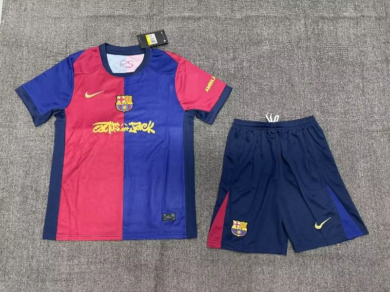 24/25 Barcelona Home Kids Soccer Jersey And Shorts Sponsor 04