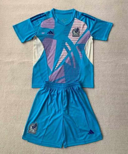 2024 Mexico Copa America Goalkeeper Blue Kids Soccer Jersey And Shorts