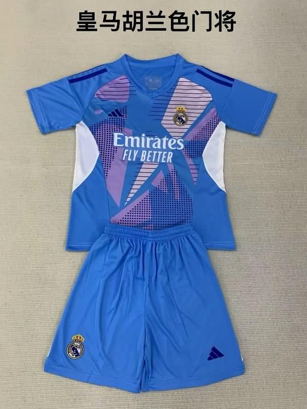 24/25 Real Madrid Goalkeeper Blue Kids Soccer Jersey And Shorts