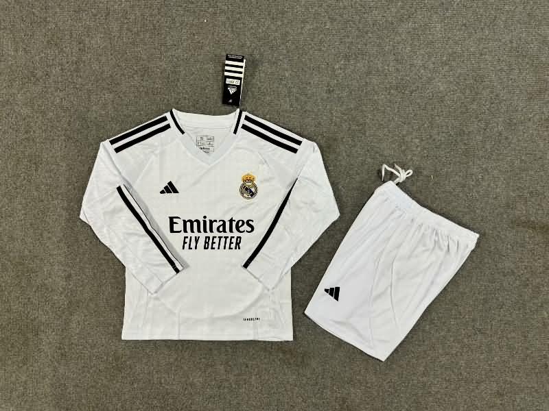 24/25 Real Madrid Home Long Sleeve Kids Soccer Jersey And Shorts