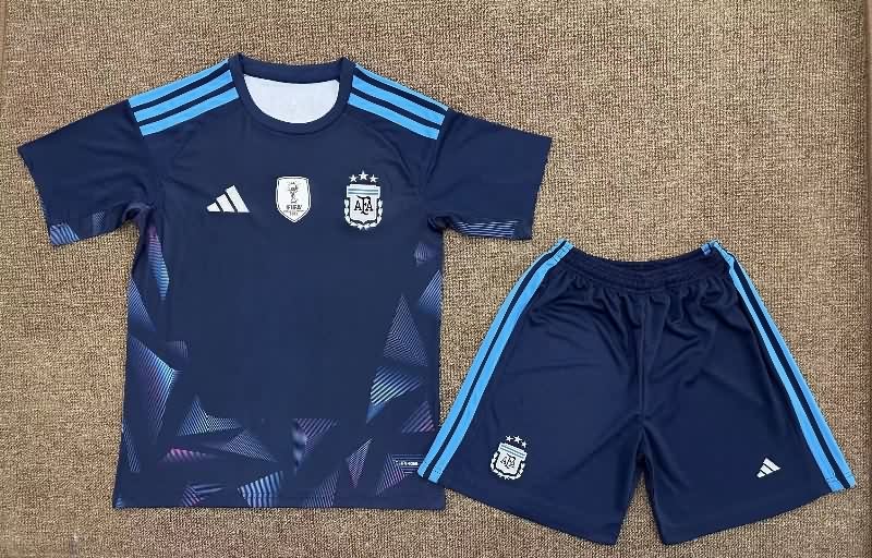 2026 Argentina World Cup Goalkeeper Dark Blue Kids Soccer Jersey And Shorts