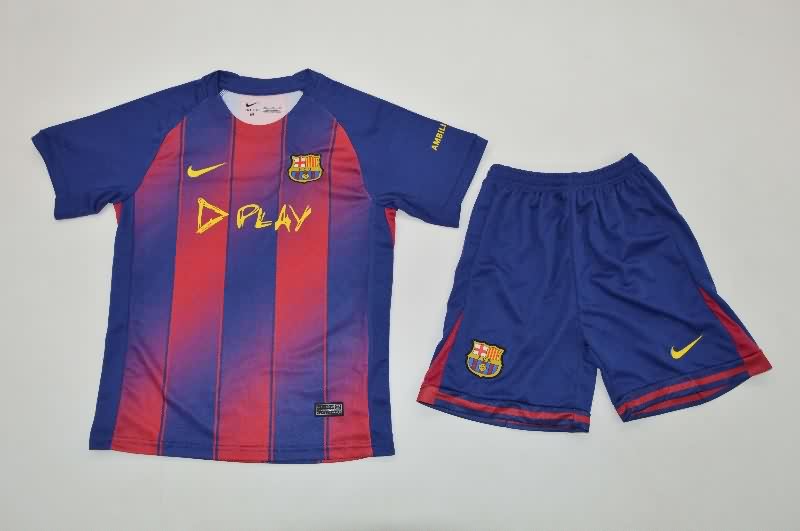 25/26 Barcelona Home Kids Soccer Jersey And Shorts Sponsor