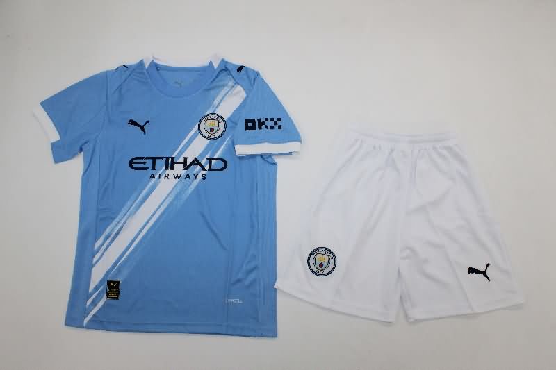 25/26 Manchester City Home Kids Soccer Jersey And Shorts