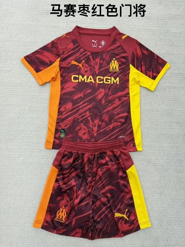 25/26 Marseilles Goalkeeper Dark Red Kids Soccer Jersey And Shorts