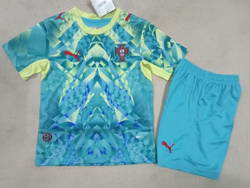 2026 Portugal Goalkeeper Green Kids Soccer Jersey And Shorts