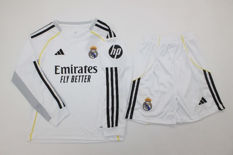 25/26 Real Madrid Home Long Sleeve Kids Soccer Jersey And Shorts