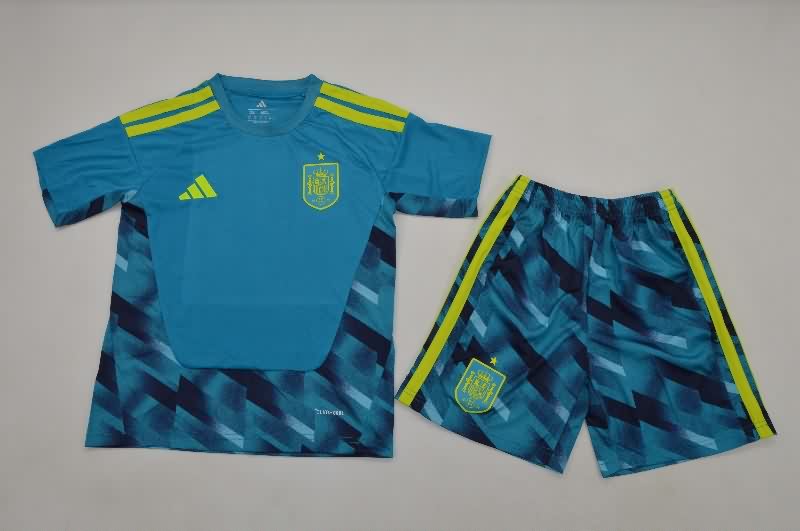 2026 Spain Goalkeeper Blue Kids Soccer Jersey And Shorts
