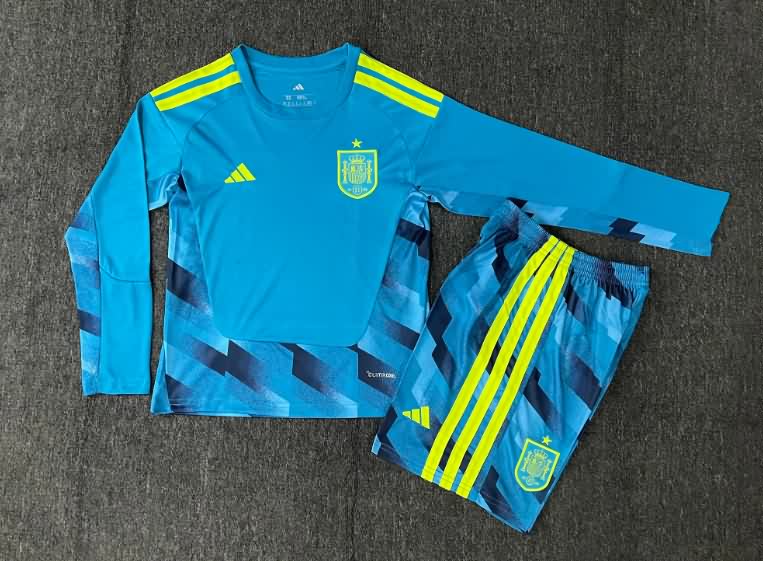 2026 Spain Goalkeeper Blue Long Sleeve Kids Soccer Jersey And Shorts