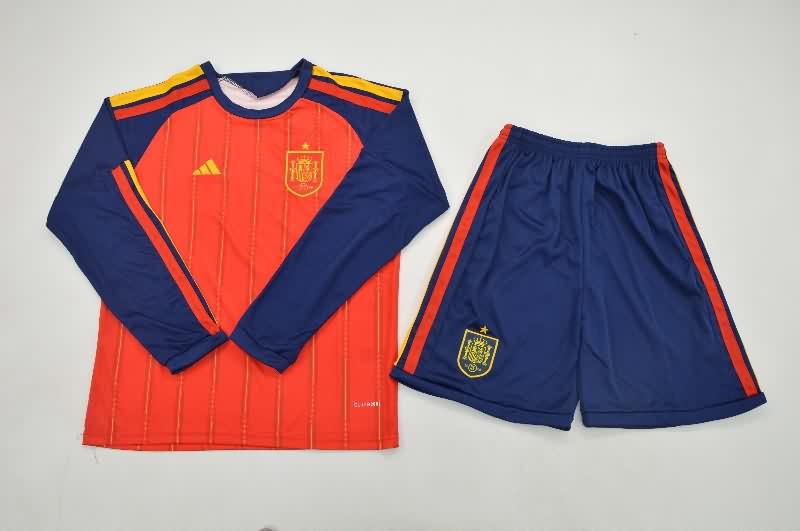 2026 Spain World Cup Home Long Sleeve Kids Soccer Jersey And Shorts